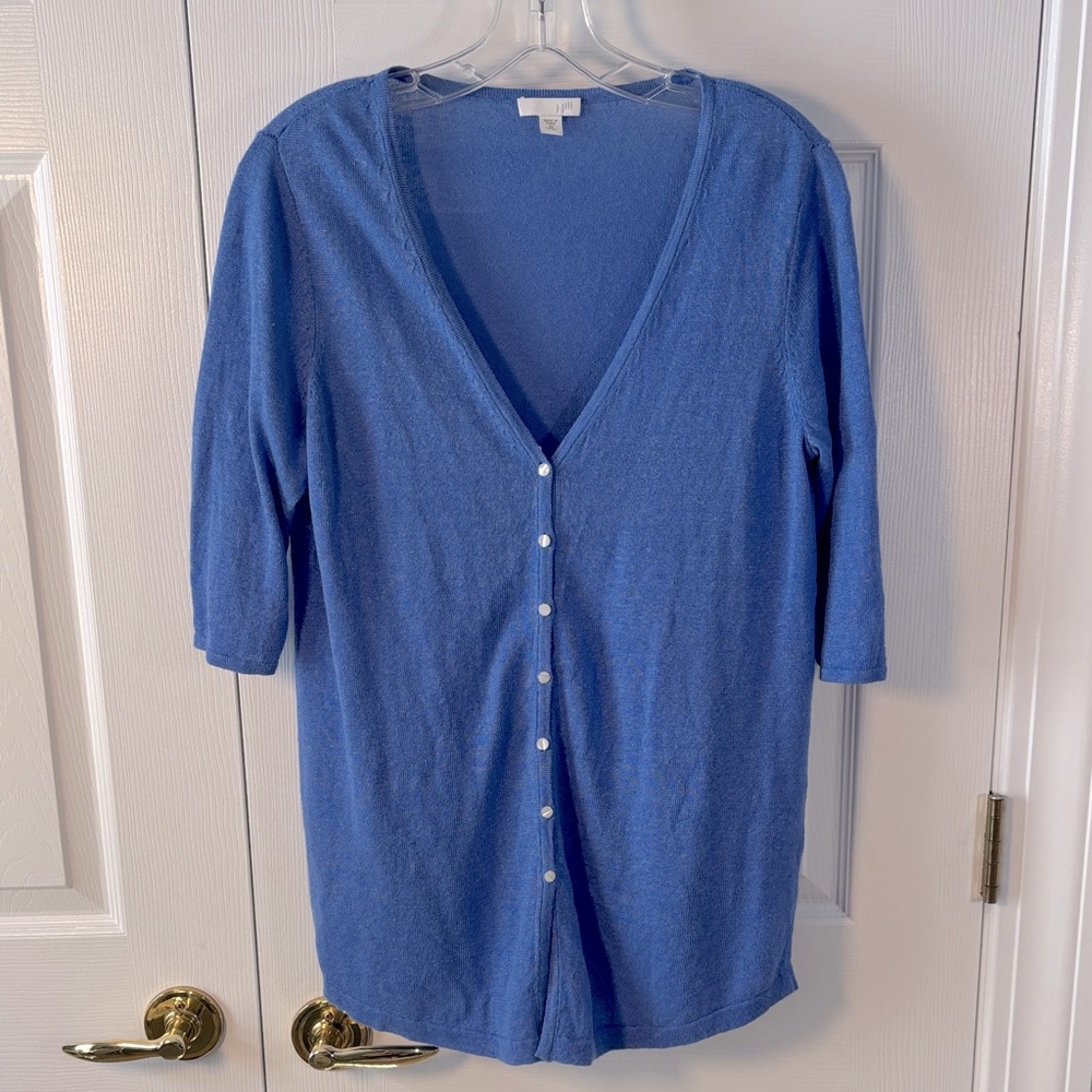 J. Jill Sweater Blue Linen Blend 1/2 Sleeve Cardigan Button Up XS
